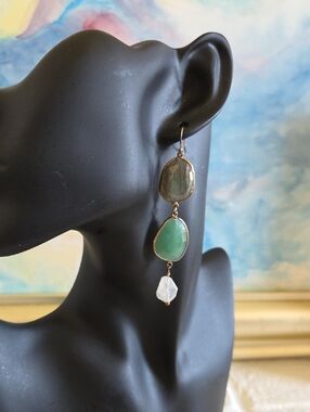 Three-Stone Green and White Drop Earrings - Gold Trim
